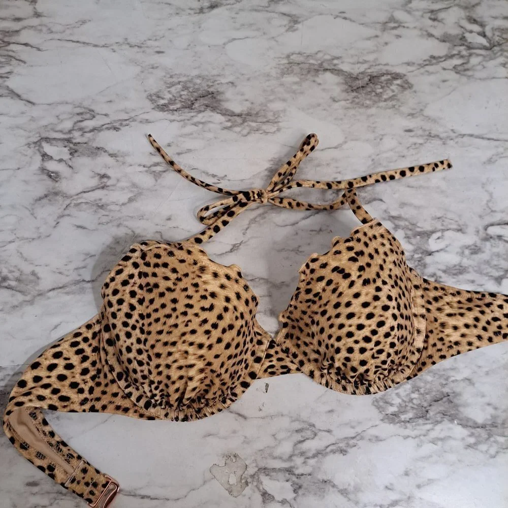 Shade Shore Bikini Top Animal Print 34C Ruffle Tie Neck‎ Bra